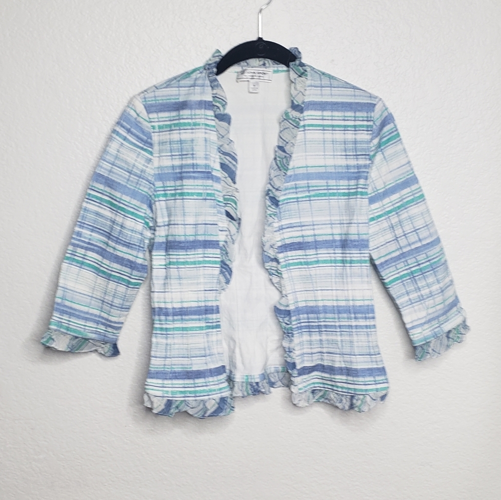 ❌SOLD❌ St. John Sport Blue Green Striped Open Blazer - Picture 1 of 6